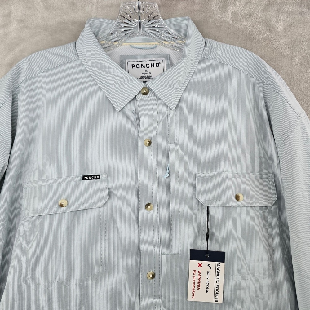 Poncho Fishing Shirt Mens XL Blue Pinstripe Magnetic Pockets Long Sleeve Vented